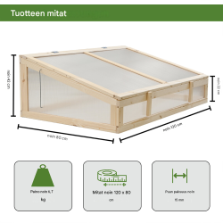 Taimikasvihuoneen korotusosa 120 x 80 cm, puu, UV-suojatut polykarbonaattilevyt, avattava kansi