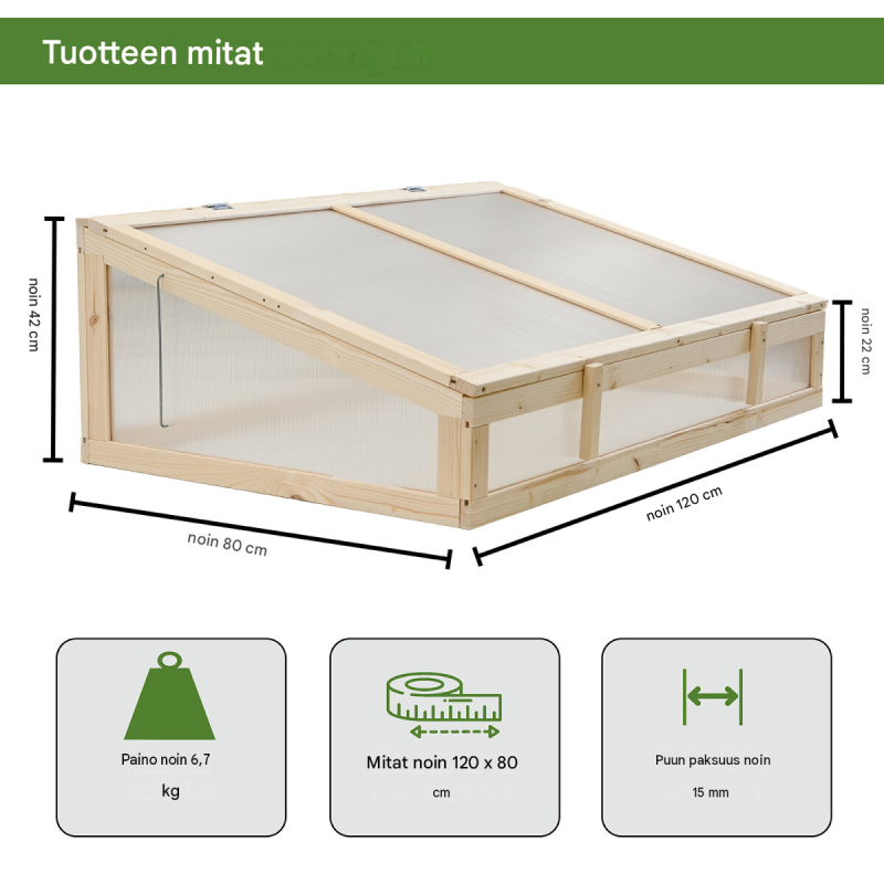 Taimikasvihuoneen korotusosa 120 x 80 cm, puu, UV-suojatut polykarbonaattilevyt, avattava kansi