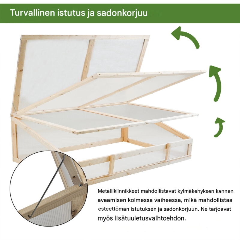 Taimikasvihuoneen korotusosa 120 x 80 cm, puu, UV-suojatut polykarbonaattilevyt, avattava kansi