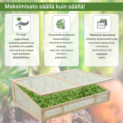 Taimikasvihuoneen korotusosa 120 x 80 cm, puu, UV-suojatut polykarbonaattilevyt, avattava kansi
