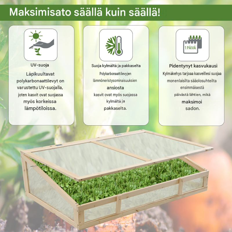 Taimikasvihuoneen korotusosa 120 x 80 cm, puu, UV-suojatut polykarbonaattilevyt, avattava kansi