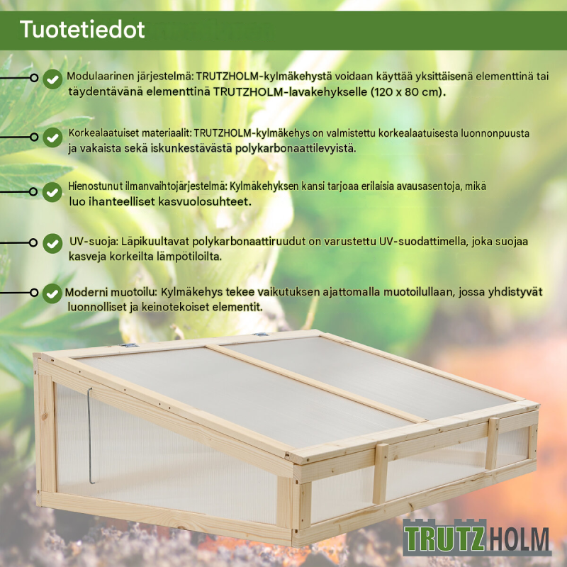 Taimikasvihuoneen korotusosa 120 x 80 cm, puu, UV-suojatut polykarbonaattilevyt, avattava kansi