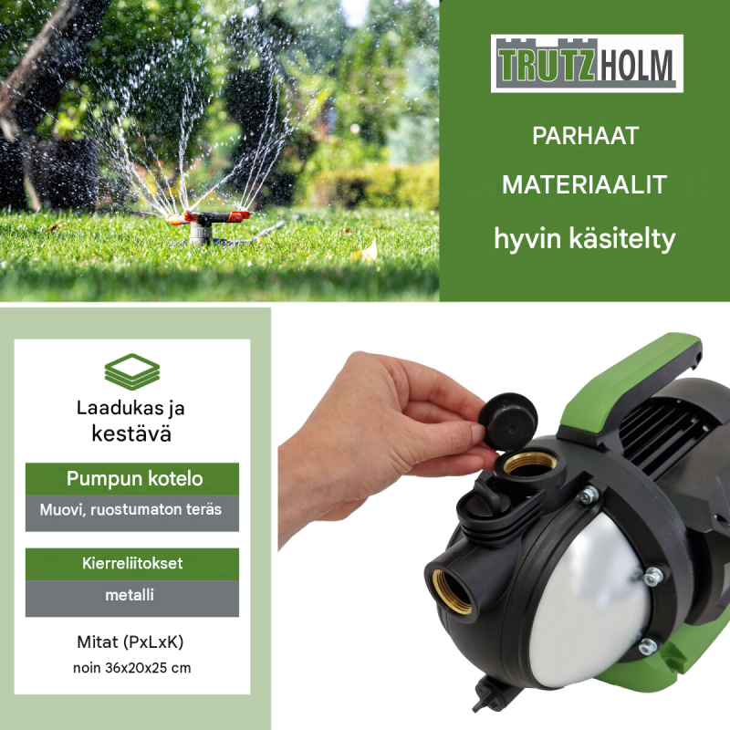 Puutarhapumppu 800 W, 3200 l/h, nostokorkeus 44 m, imukorkeus 8 m, 1 tuuma