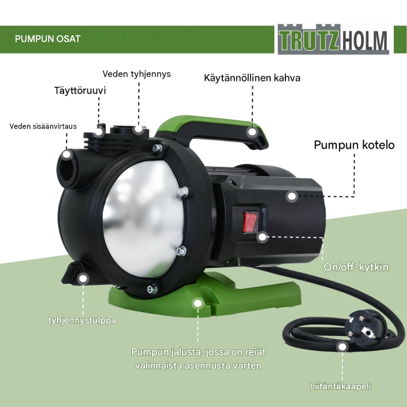 Puutarhapumppu 800 W, 3200 l/h, nostokorkeus 44 m, imukorkeus 8 m, 1 tuuma