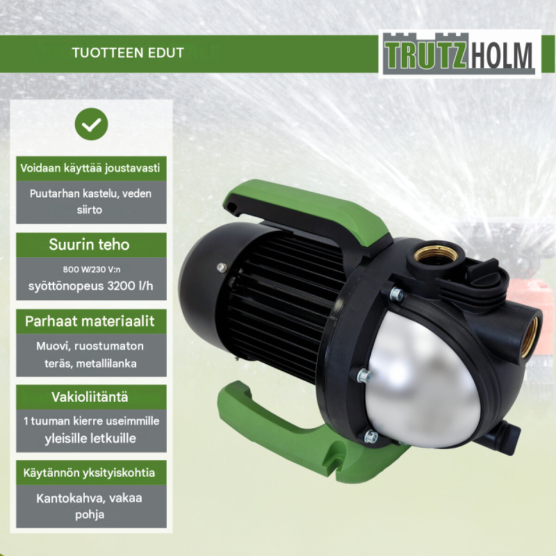 Puutarhapumppu 800 W, 3200 l/h, nostokorkeus 44 m, imukorkeus 8 m, 1 tuuma