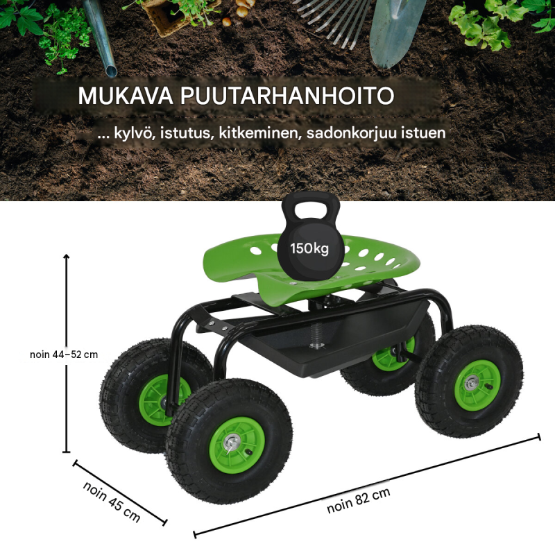 Puutarhaskootteri 150 kg, 360° kääntyvä istuin, 44–52 cm, ilmapyörät, musta-vihreä
