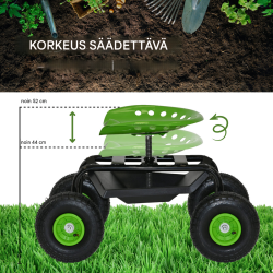 Puutarhaskootteri 150 kg, 360° kääntyvä istuin, 44–52 cm, ilmapyörät, musta-vihreä