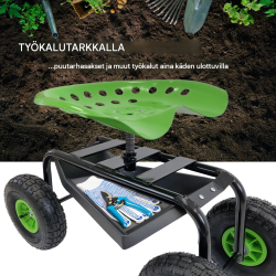 Puutarhaskootteri 150 kg, 360° kääntyvä istuin, 44–52 cm, ilmapyörät, musta-vihreä