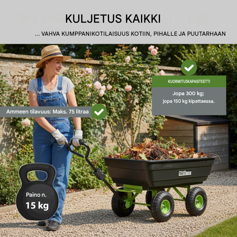 Kaatava puutarhakärry 300 kg, 75 l, ilmatäytteiset profiilikumipyörät, 110 x 56 x 94 cm