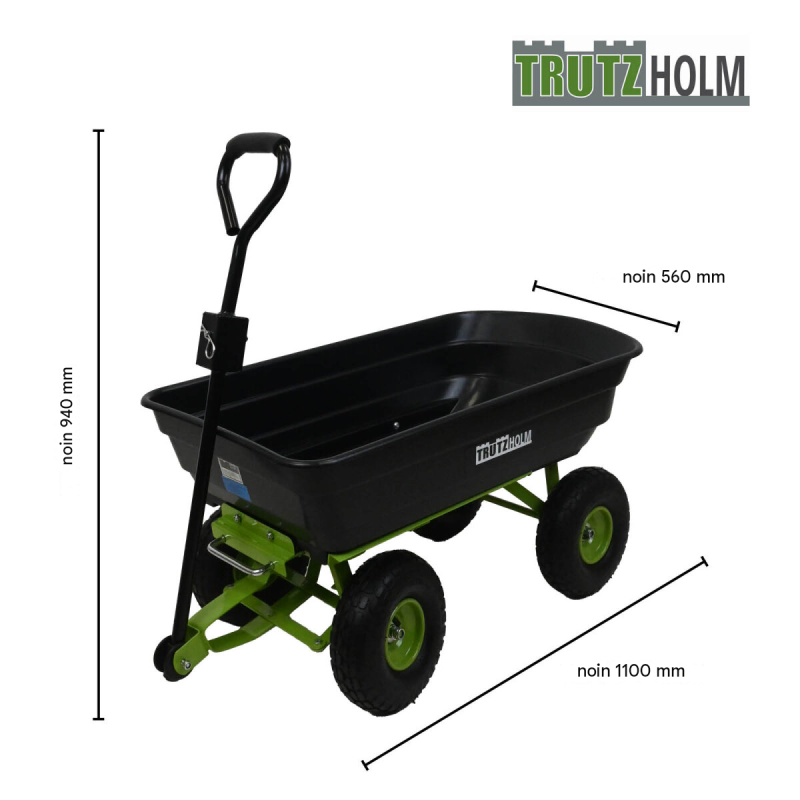 Kaatava puutarhakärry 300 kg, 75 l, ilmatäytteiset profiilikumipyörät, 110 x 56 x 94 cm