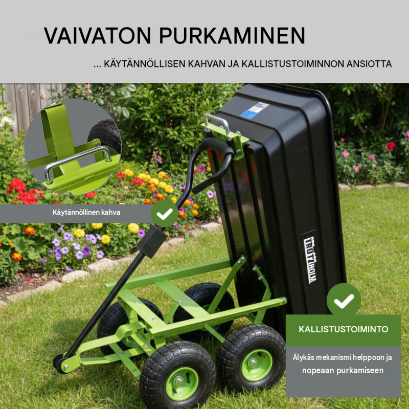 Kaatava puutarhakärry 300 kg, 75 l, ilmatäytteiset profiilikumipyörät, 110 x 56 x 94 cm