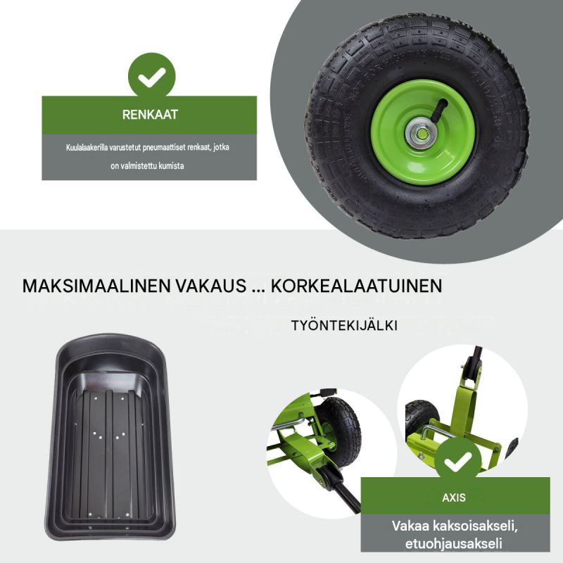 Kaatava puutarhakärry 300 kg, 75 l, ilmatäytteiset profiilikumipyörät, 110 x 56 x 94 cm