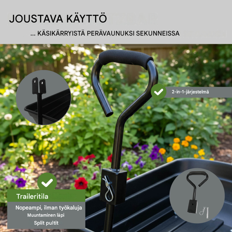 Kaatava puutarhakärry 300 kg, 75 l, ilmatäytteiset profiilikumipyörät, 110 x 56 x 94 cm
