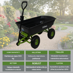 Kaatava puutarhakärry 300 kg, 75 l, ilmatäytteiset profiilikumipyörät, 110 x 56 x 94 cm