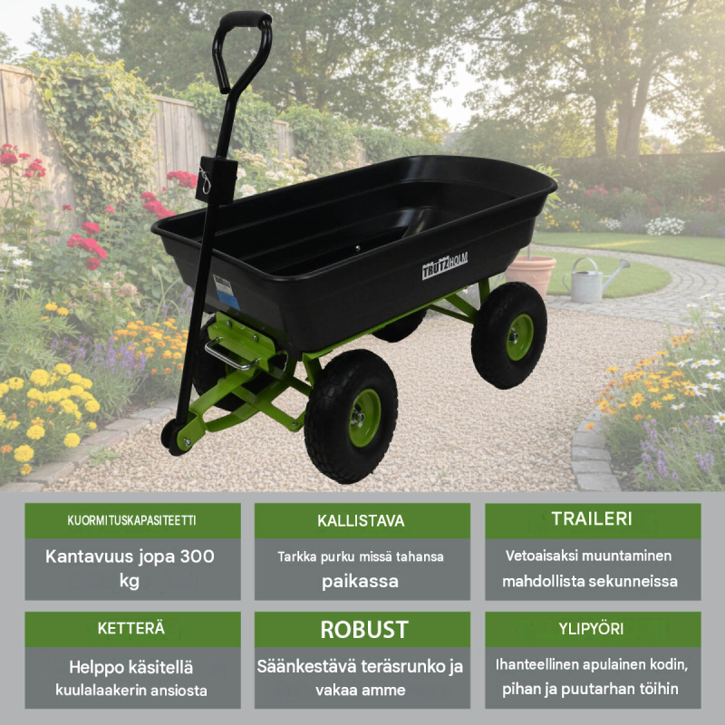 Kaatava puutarhakärry 300 kg, 75 l, ilmatäytteiset profiilikumipyörät, 110 x 56 x 94 cm