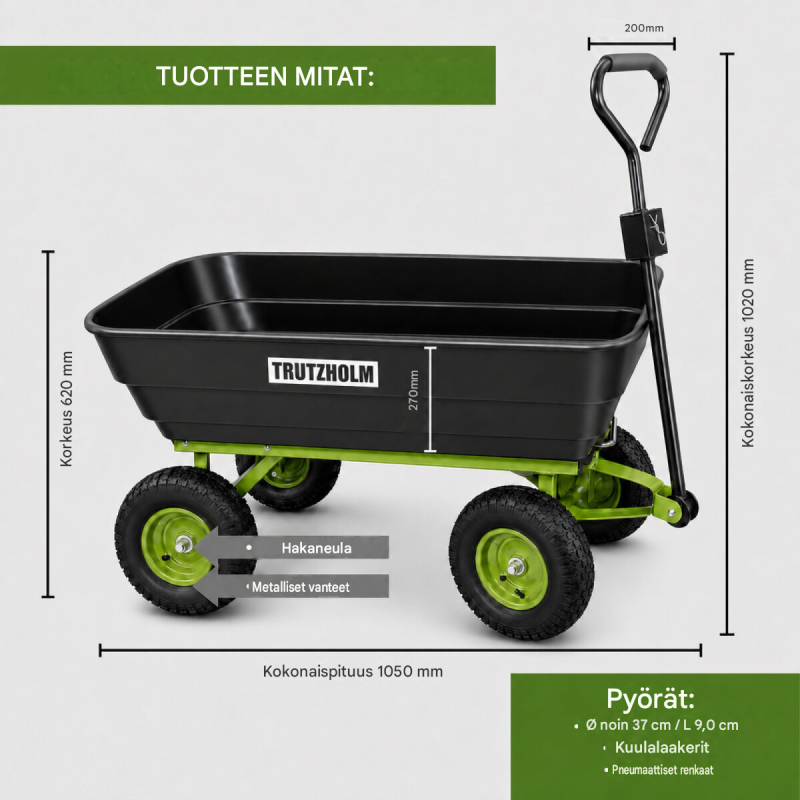 Puutarhakärry 400 kg, 125 l, kippitoiminto, käsikahva ja vetoaisa