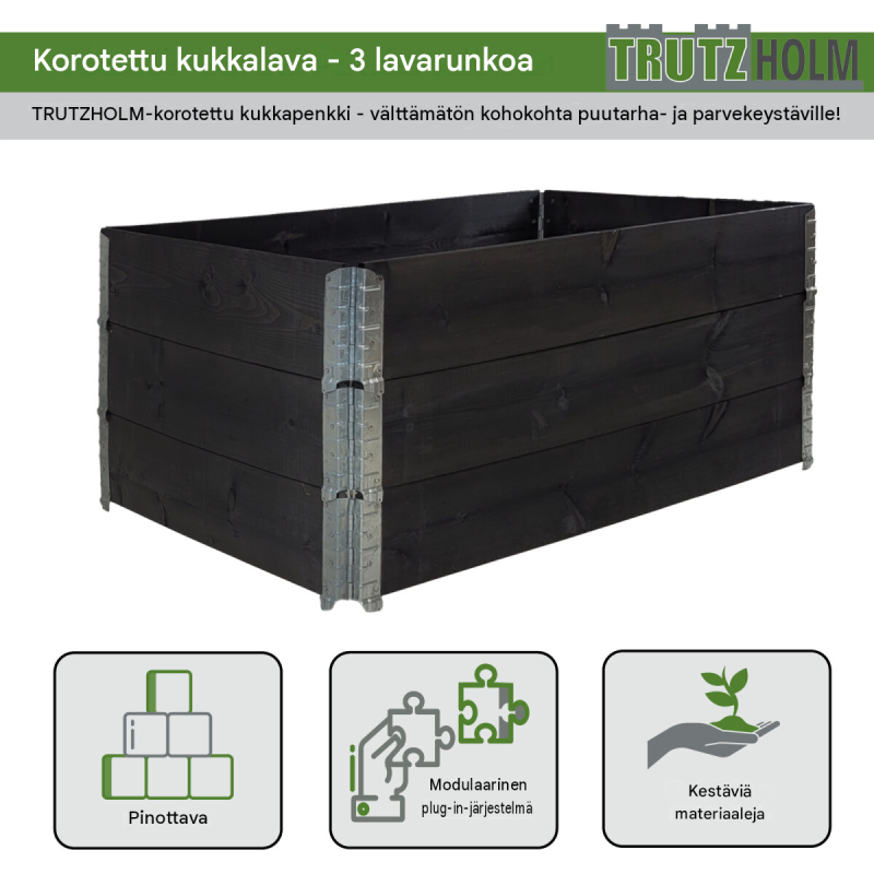 Kasvatuslaatikko 3 kpl, puu, musta, pinottava, 120 x 80 x 60 cm, 73112