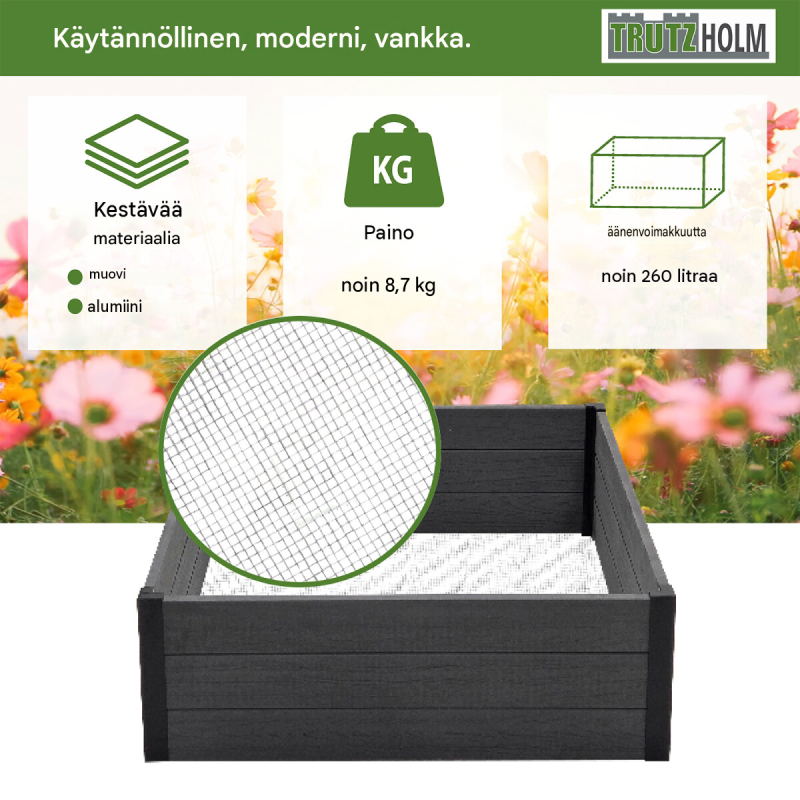 Korotettu kasvatuslaatikko 100 x 100 x 28,5 cm, 260 l, antrasiitti, myyräverkko