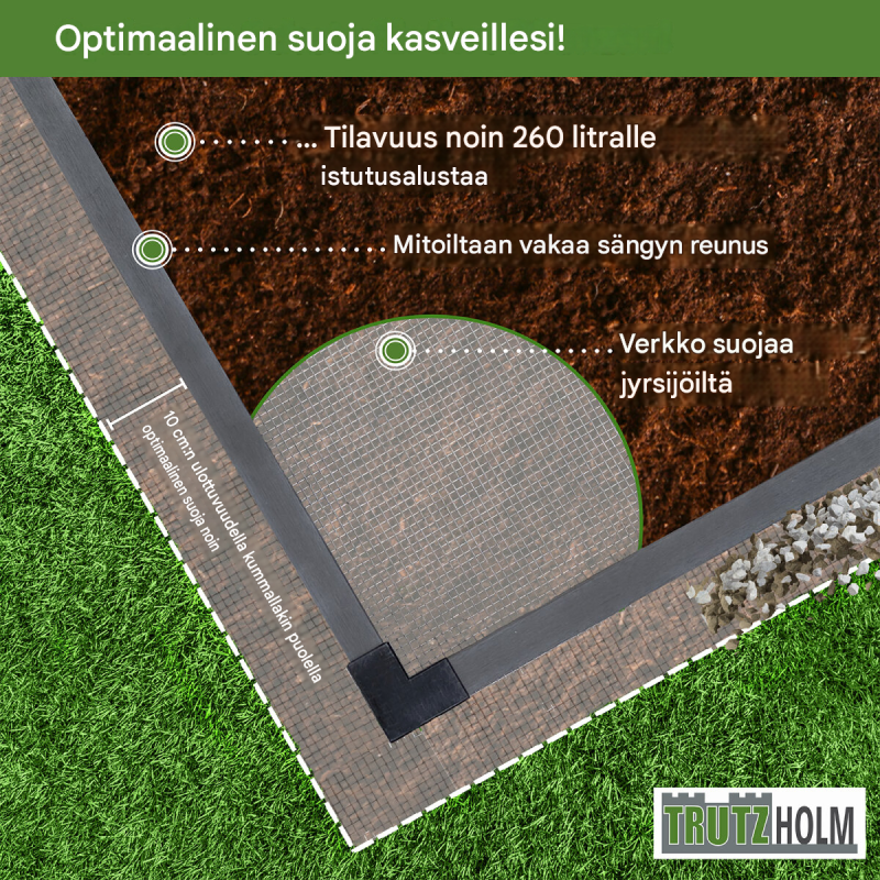 Korotettu kasvatuslaatikko 100 x 100 x 28,5 cm, 260 l, antrasiitti, myyräverkko