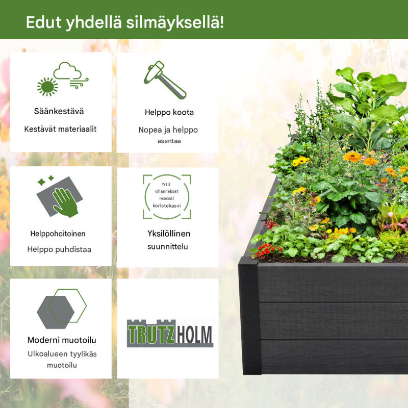 Korotettu kasvatuslaatikko 100 x 100 x 28,5 cm, 260 l, antrasiitti, myyräverkko