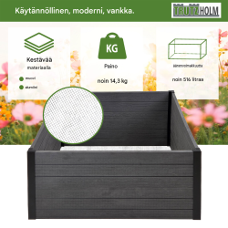 Korotettu kasvatuslaatikko 100 x 100 x 56 cm, ca. 516 l, puukuosi, myyräverkko
