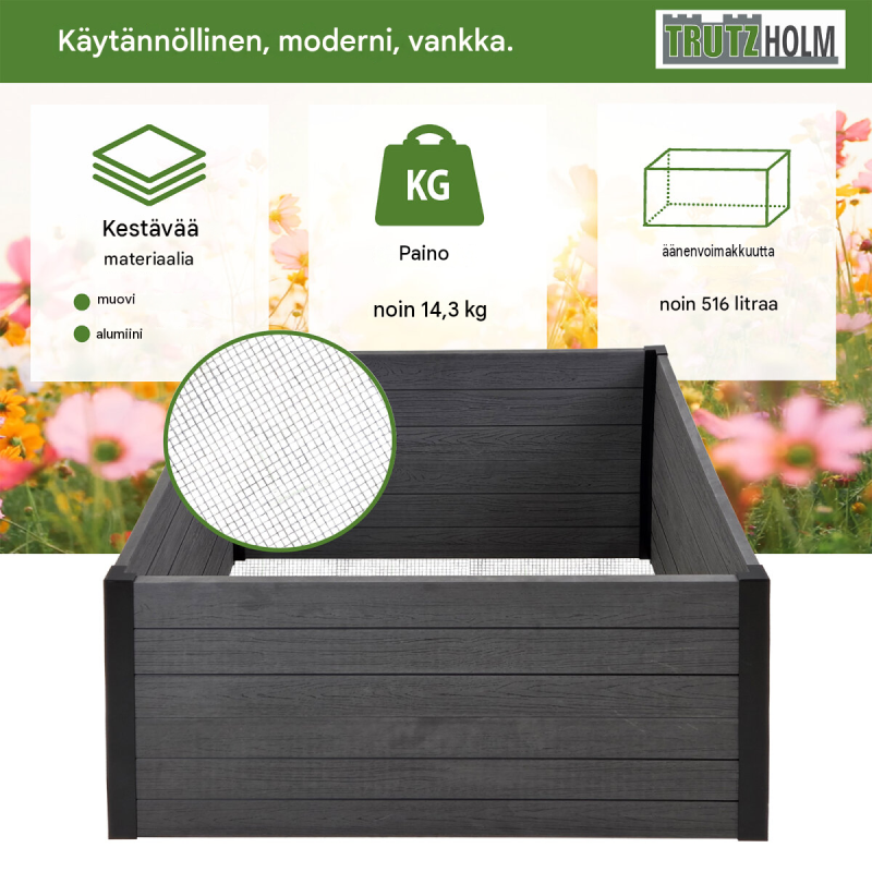 Korotettu kasvatuslaatikko 100 x 100 x 56 cm, ca. 516 l, puukuosi, myyräverkko