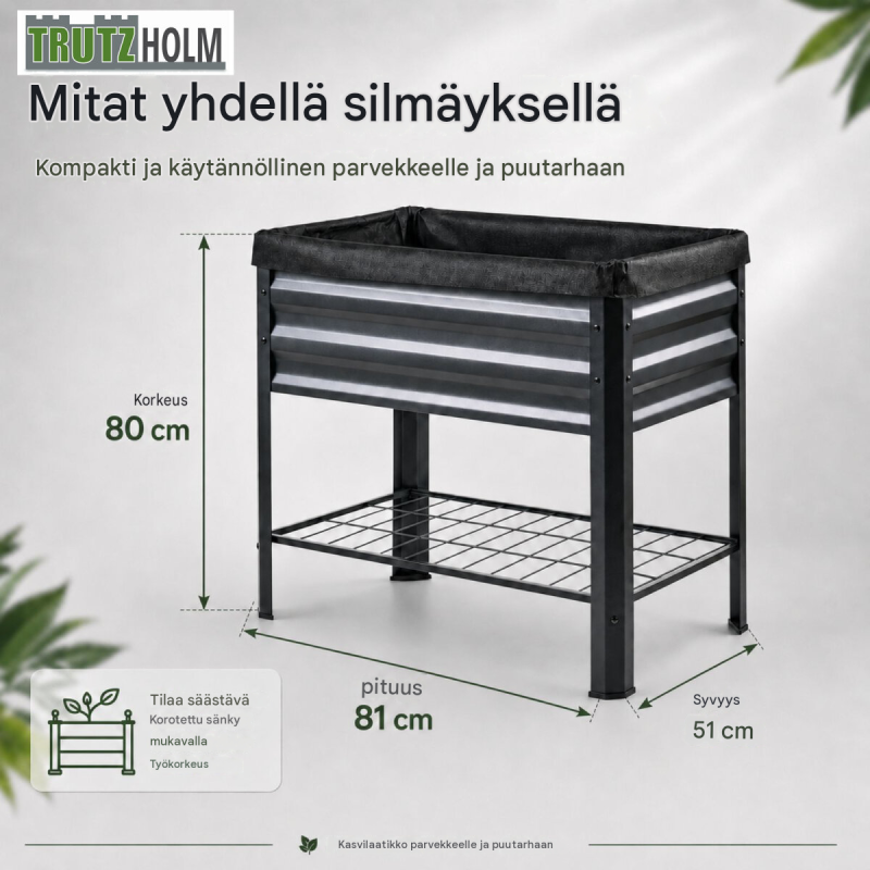 Korotettu kasvatuslaatikko 110 l, antrasiitti, pulverimaalattu teräs, 80 x 51 x 81 cm