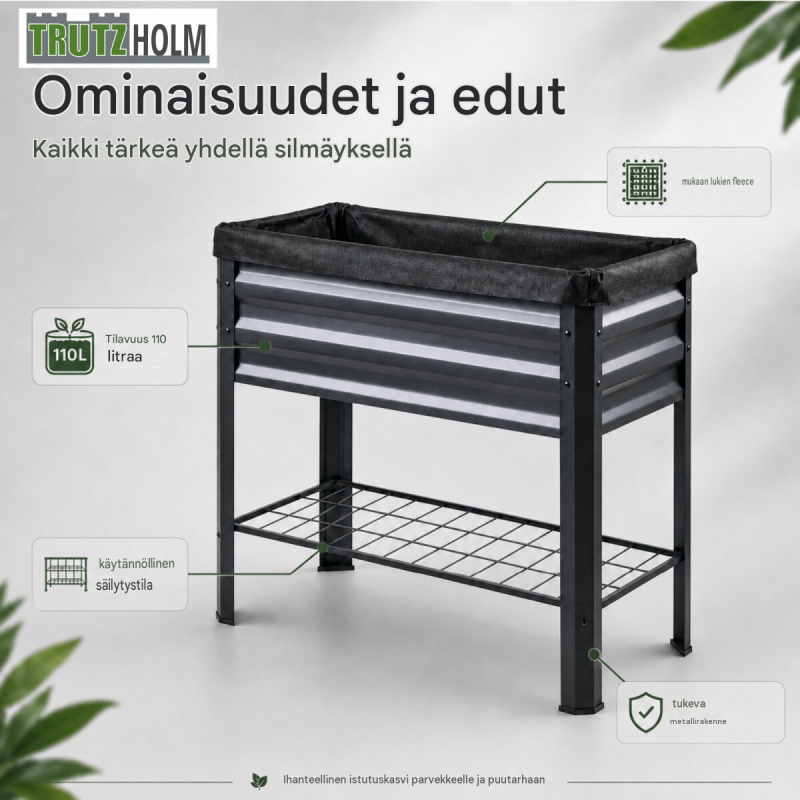 Korotettu kasvatuslaatikko 110 l, antrasiitti, pulverimaalattu teräs, 80 x 51 x 81 cm