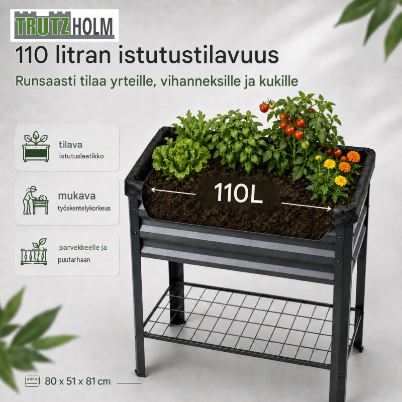 Korotettu kasvatuslaatikko 110 l, antrasiitti, pulverimaalattu teräs, 80 x 51 x 81 cm