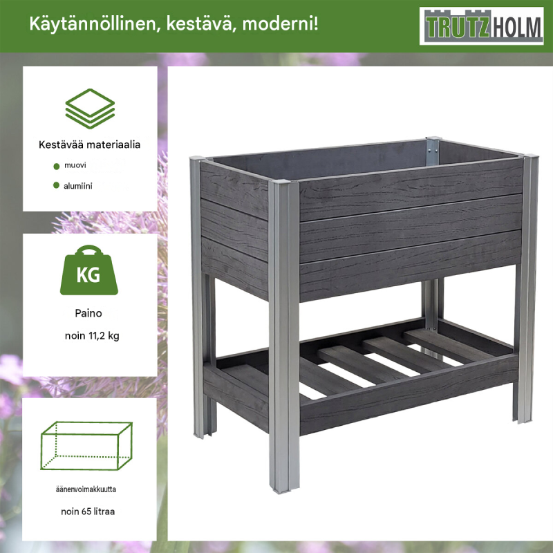 Korotettu kasvatuspenkki 79 x 46 x 74 cm, 65 l, puukuvio, antrasiitti, hyllytaso