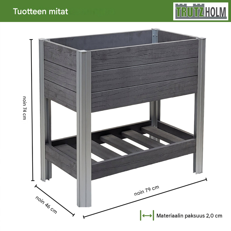 Korotettu kasvatuspenkki 79 x 46 x 74 cm, 65 l, puukuvio, antrasiitti, hyllytaso