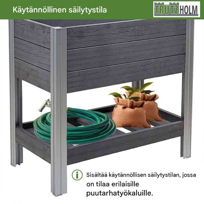 Korotettu kasvatuspenkki 79 x 46 x 74 cm, 65 l, puukuvio, antrasiitti, hyllytaso