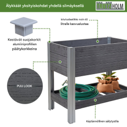 Korotettu kasvatuspenkki 79 x 46 x 74 cm, 65 l, puukuvio, antrasiitti, hyllytaso