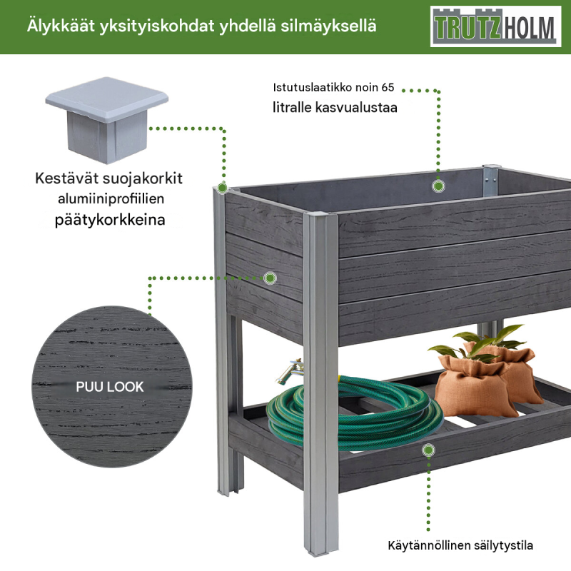 Korotettu kasvatuspenkki 79 x 46 x 74 cm, 65 l, puukuvio, antrasiitti, hyllytaso