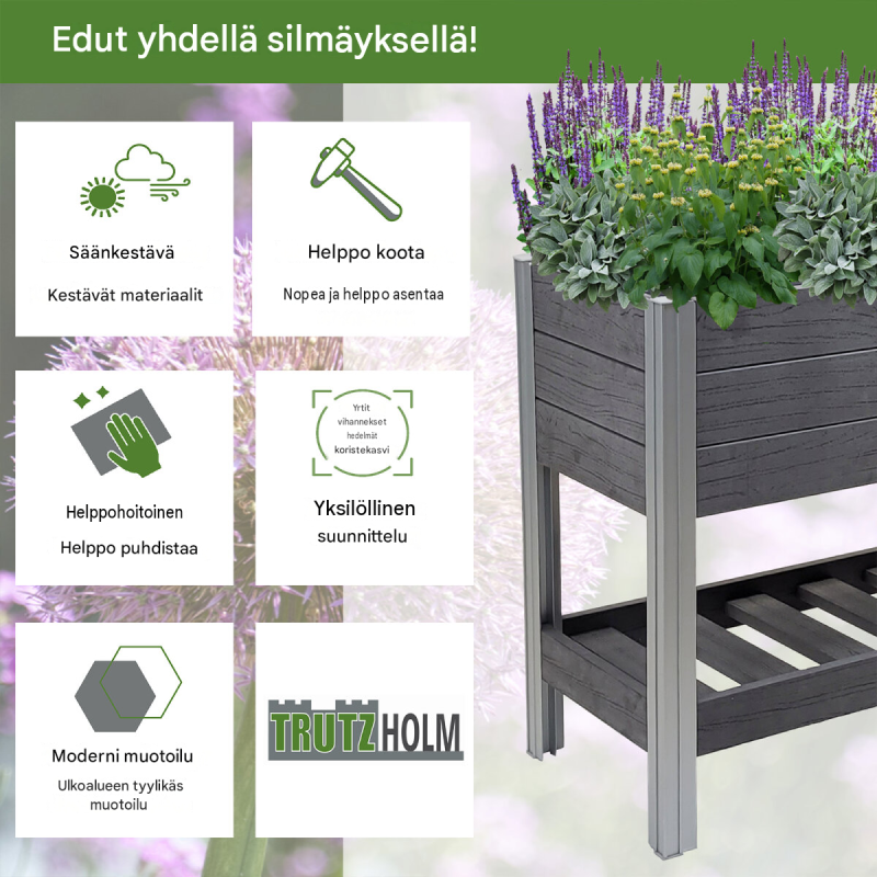 Korotettu kasvatuspenkki 79 x 46 x 74 cm, 65 l, puukuvio, antrasiitti, hyllytaso