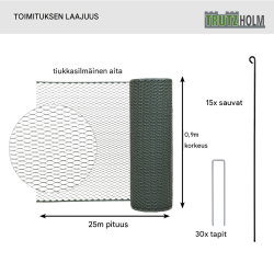 Siipikarhaaita 25 m x 0,9 m, vihreä, polyeteeni, 15 tankoa ja 30 maakiilaa