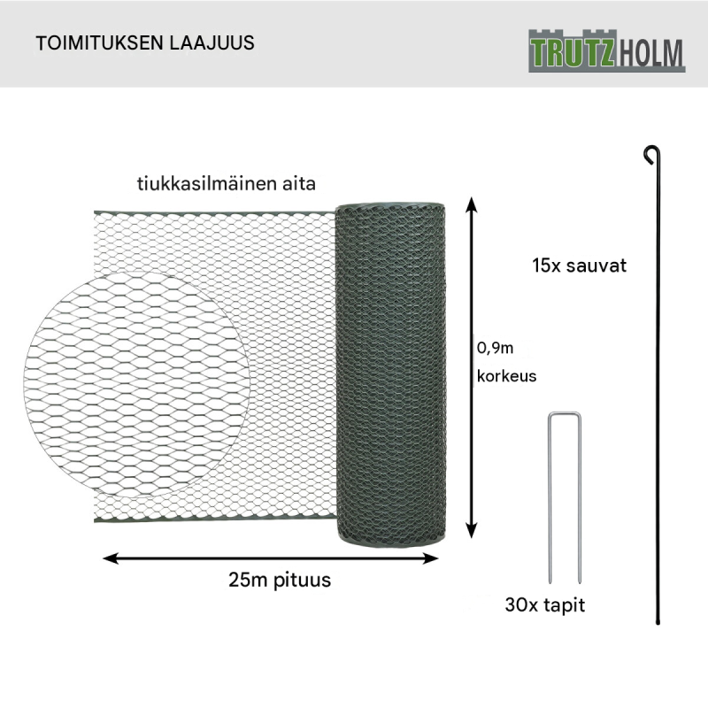 Siipikarhaaita 25 m x 0,9 m, vihreä, polyeteeni, 15 tankoa ja 30 maakiilaa