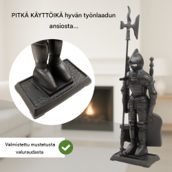 Ritariaiheinen takkatyökalusarja 4 osaa, mustattu valurauta, 21 × 12 × 72 cm