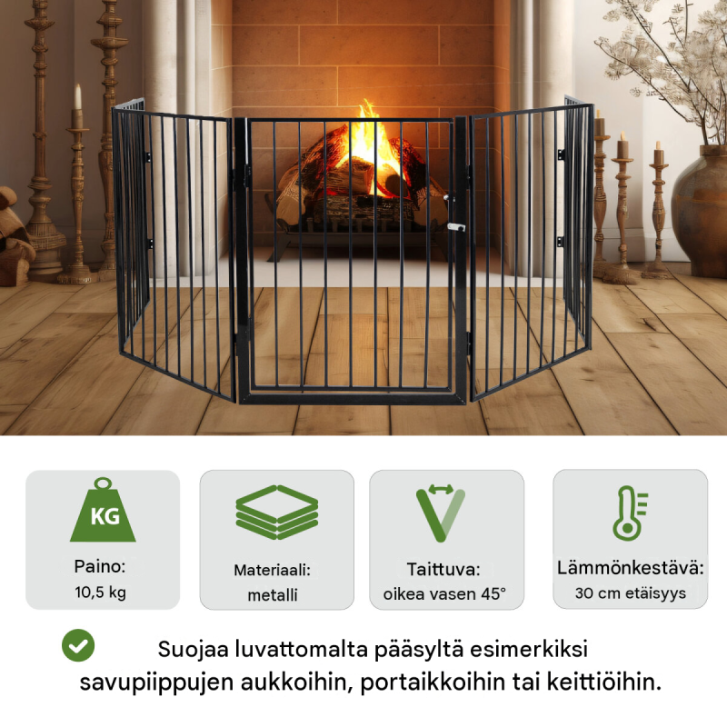 Tulisijan suojakaide 300 x 70 cm, 5 osaa, musta pulverimaalattu metalli, 10,5 kg, B-laatu