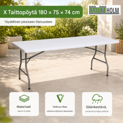 Kokoontaitettava pöytä 180 x 75 x 74 cm, muovi ja teräs, valkoinen, 100 kg kihavuus