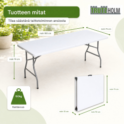 Kokoontaitettava pöytä 180 x 75 x 74 cm, muovi ja teräs, valkoinen, 100 kg kihavuus