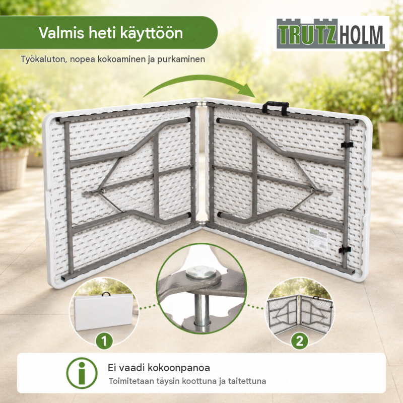 Kokoontaitettava pöytä 180 x 75 x 74 cm, muovi ja teräs, valkoinen, 100 kg kihavuus