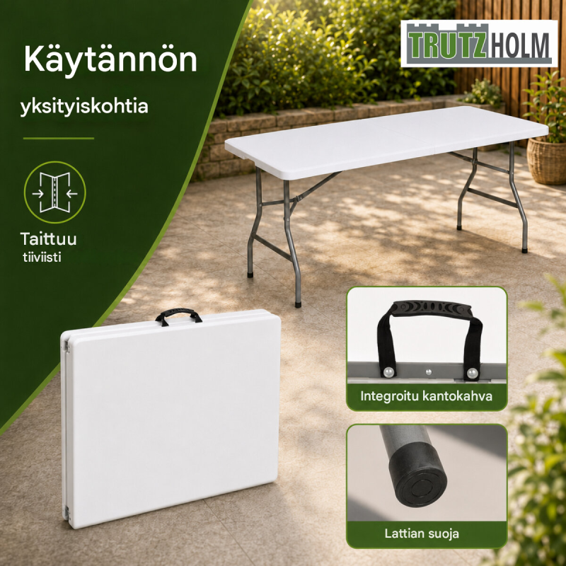 Kokoontaitettava pöytä 180 x 75 x 74 cm, muovi ja teräs, valkoinen, 100 kg kihavuus