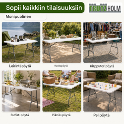 Kokoontaitettava pöytä 180 x 75 x 74 cm, muovi ja teräs, valkoinen, 100 kg kihavuus