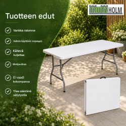 Kokoontaitettava pöytä 180 x 75 x 74 cm, muovi ja teräs, valkoinen, 100 kg kihavuus
