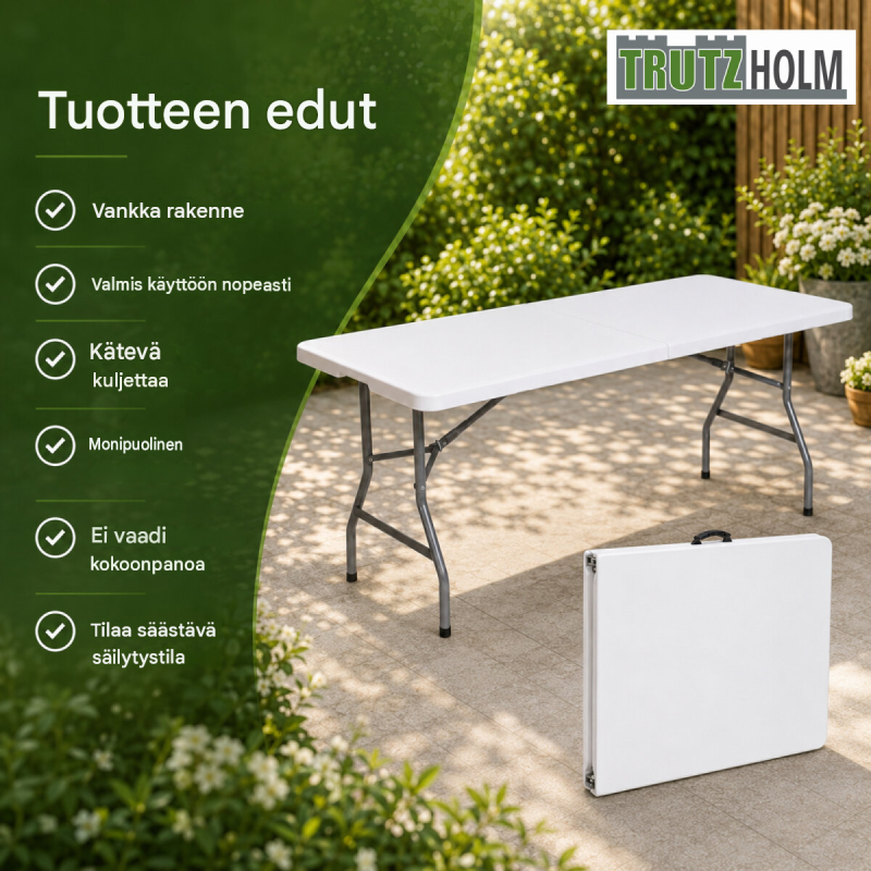 Kokoontaitettava pöytä 180 x 75 x 74 cm, muovi ja teräs, valkoinen, 100 kg kihavuus