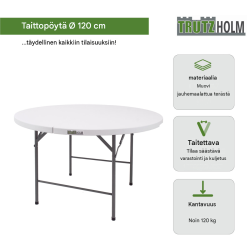 Kokoontaitettava pöytä Ø 120 cm, valkoinen muovi, 74 cm, jauhemaalattu teräs