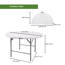Kokoontaitettava pöytä Ø 120 cm, valkoinen muovi, 74 cm, jauhemaalattu teräs