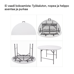Kokoontaitettava pöytä Ø 120 cm, valkoinen muovi, 74 cm, jauhemaalattu teräs