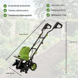 Sähköinen puutarhajyrsin 1500 W, 24 teräksistä terää, 45 cm työleveys, 22 cm työsyvyys